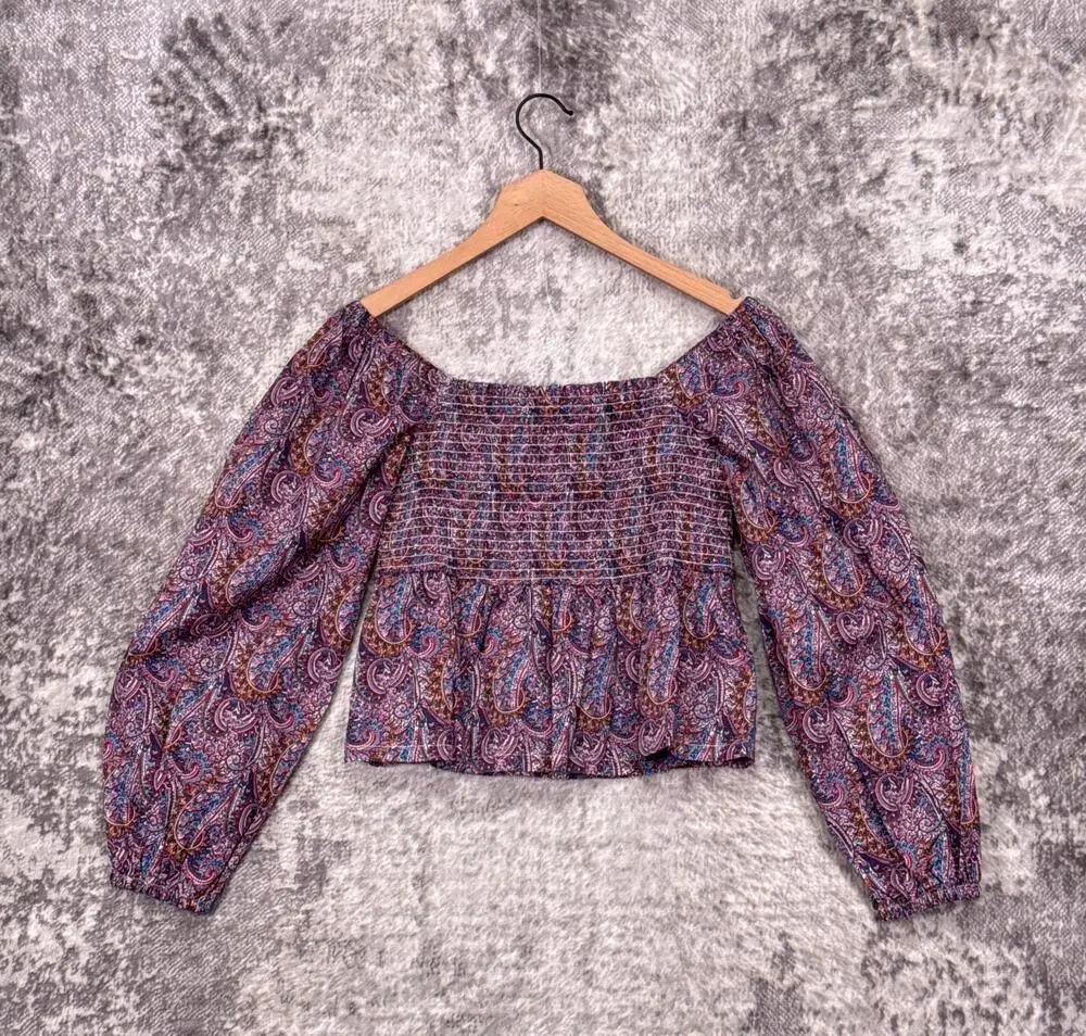 New J Crew x Liberty London Top Medium Womens Puff Sleeve Smocked Paisley Blouse